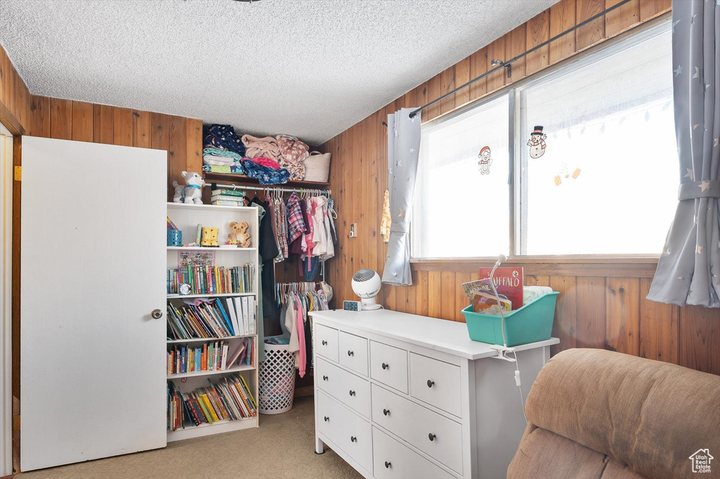 Interior space with light carpet, wood walls, and a textured ceiling