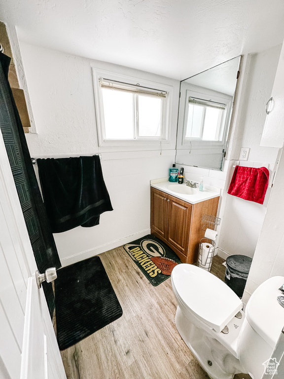 Bathroom featuring toilet, hardwood / wood-style floors, and oversized vanity