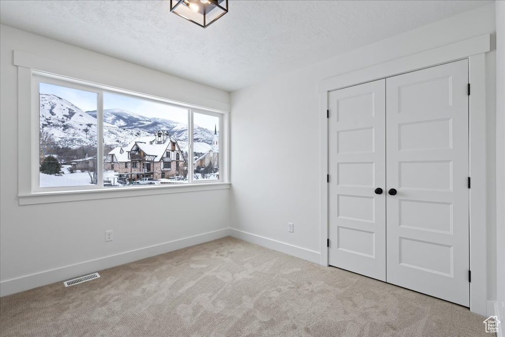 Unfurnished bedroom with a closet, a textured ceiling, a mountain view, and light carpet