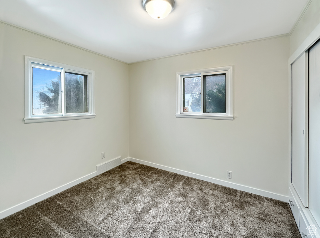Unfurnished room featuring crown molding, dark carpet, and plenty of natural light