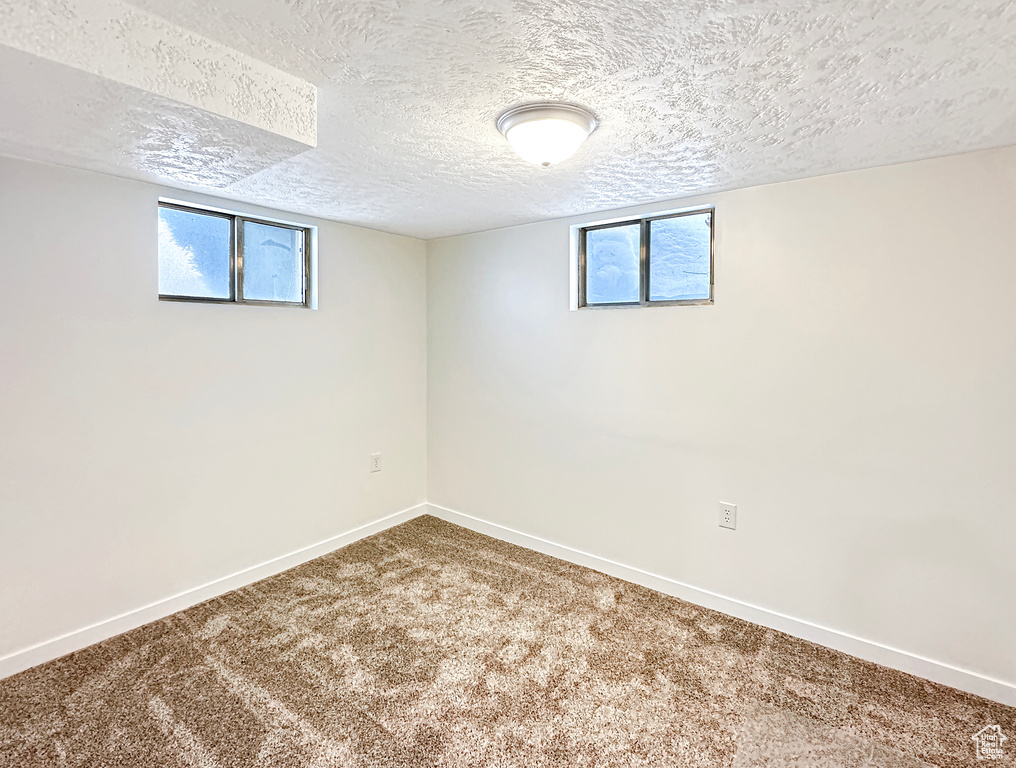 Basement featuring carpet flooring and a textured ceiling