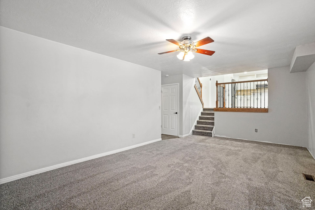 Basement with carpet floors and ceiling fan