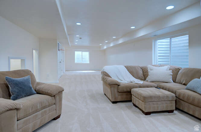Living room featuring a raised ceiling and light colored carpet