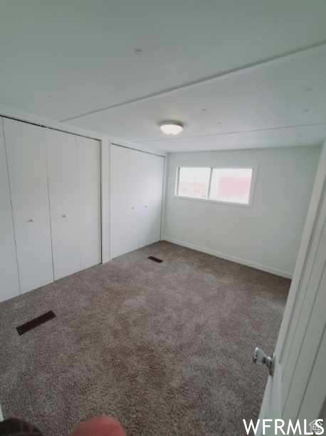 Interior space featuring carpet flooring and two closets