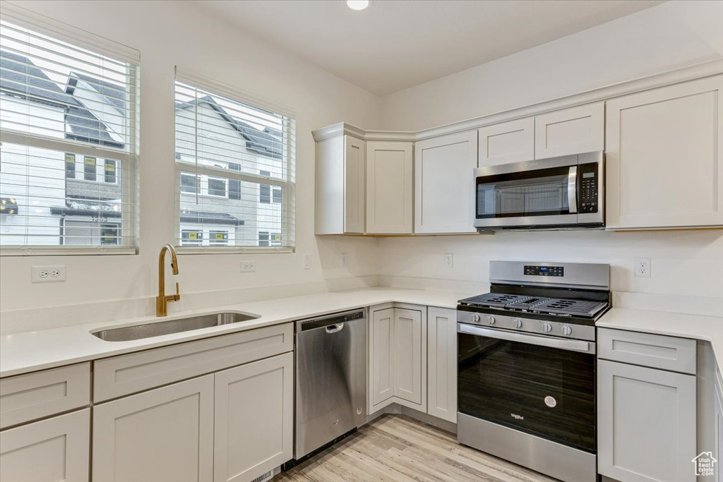 Kitchen with sink, light hardwood / wood-style floors, appliances with stainless steel finishes, and a wealth of natural light