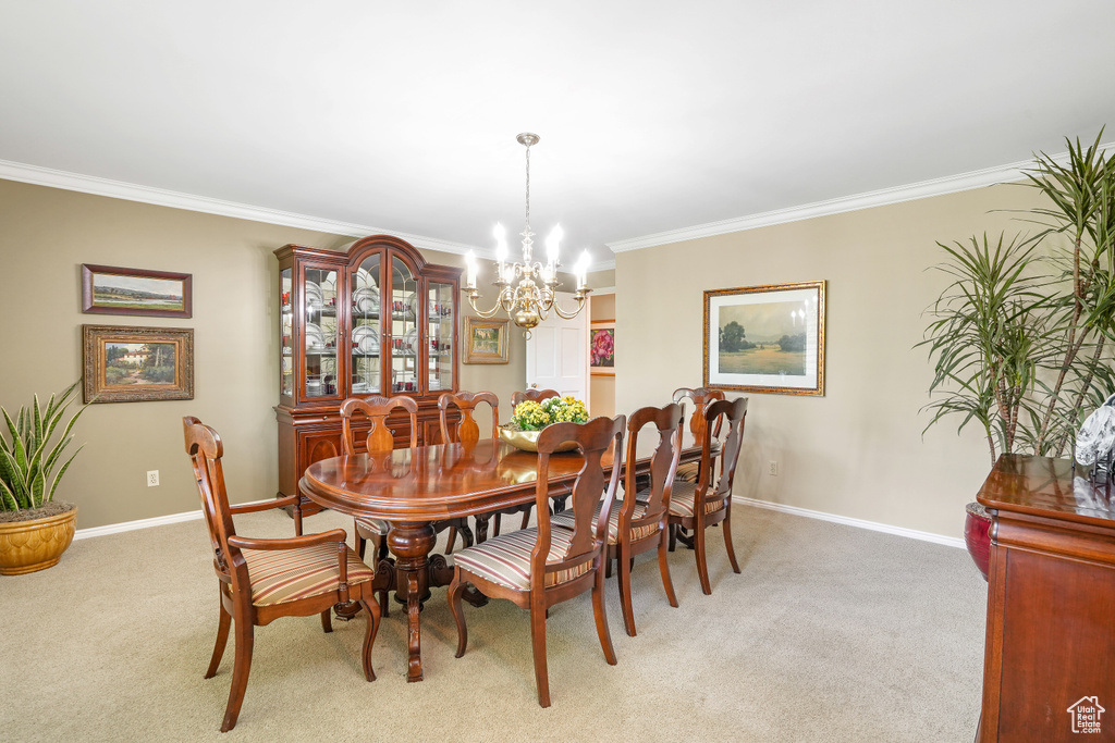 Carpeted dining space featuring an inviting chandelier and ornamental molding