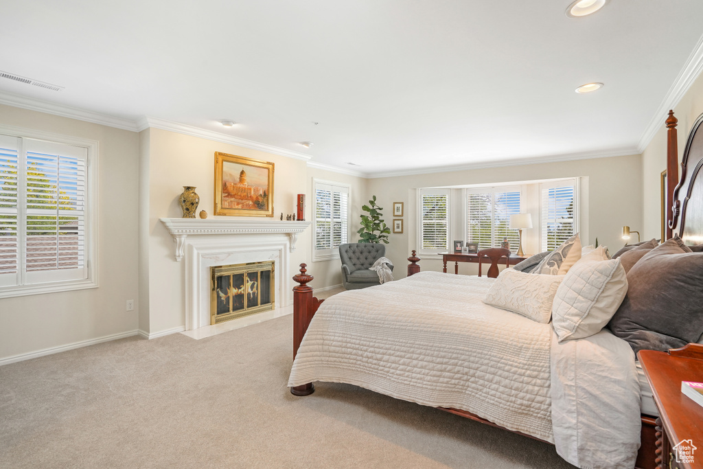 Carpeted bedroom featuring multiple windows and crown molding