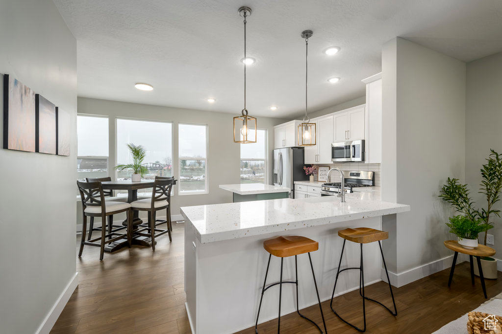 Kitchen featuring pendant lighting, tasteful backsplash, appliances with stainless steel finishes, dark hardwood / wood-style floors, and white cabinets