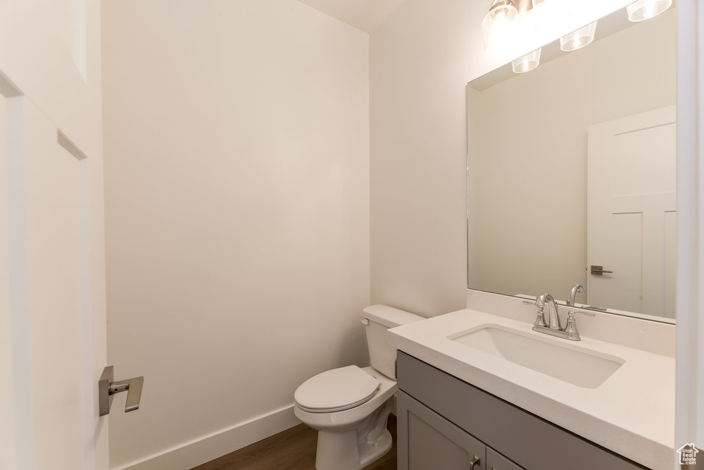 Bathroom featuring vanity, toilet, and hardwood / wood-style flooring