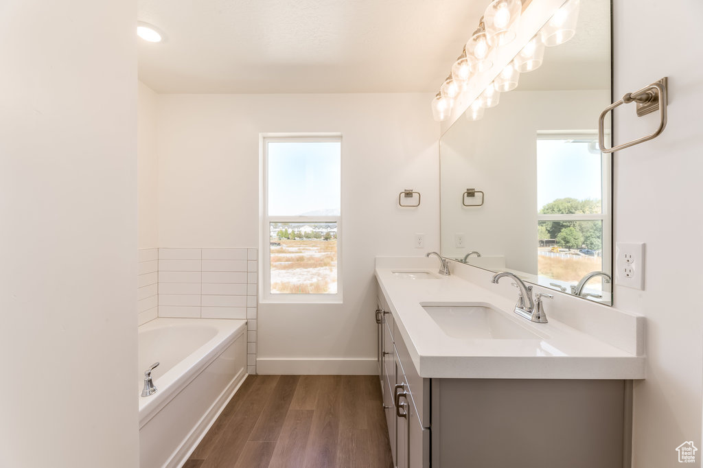 Bathroom with double vanity, hardwood / wood-style floors, a washtub, and a healthy amount of sunlight