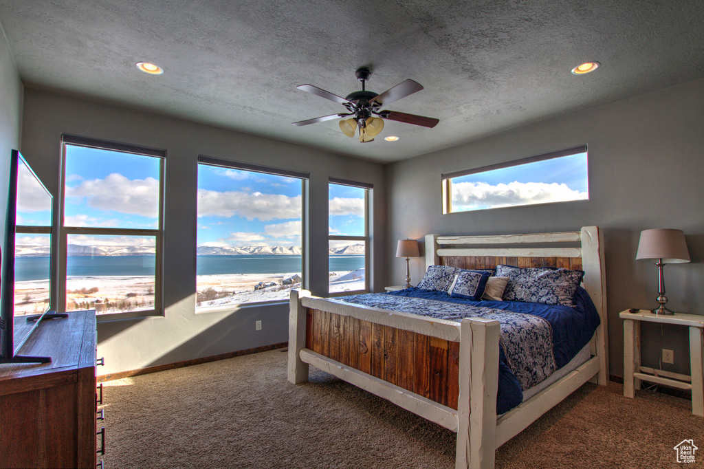 Carpeted bedroom with a water view, multiple windows, a textured ceiling, and ceiling fan