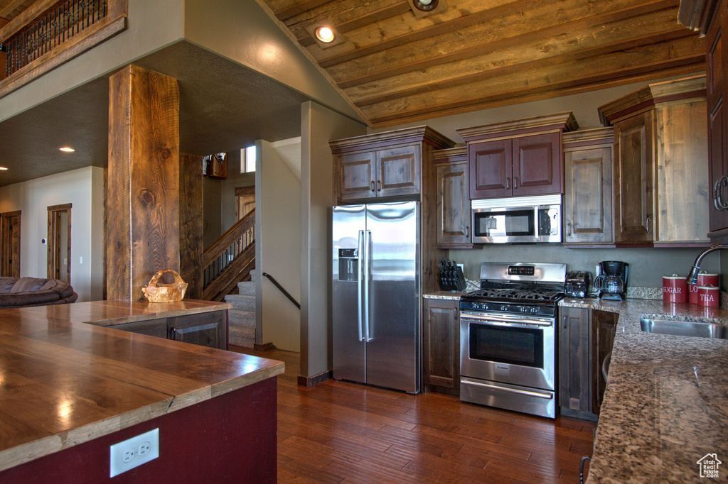 Kitchen featuring dark hardwood / wood-style flooring, stainless steel appliances, lofted ceiling, sink, and wood ceiling