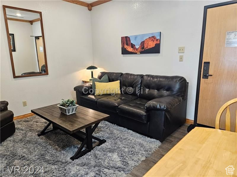 Living room with dark hardwood / wood-style floors