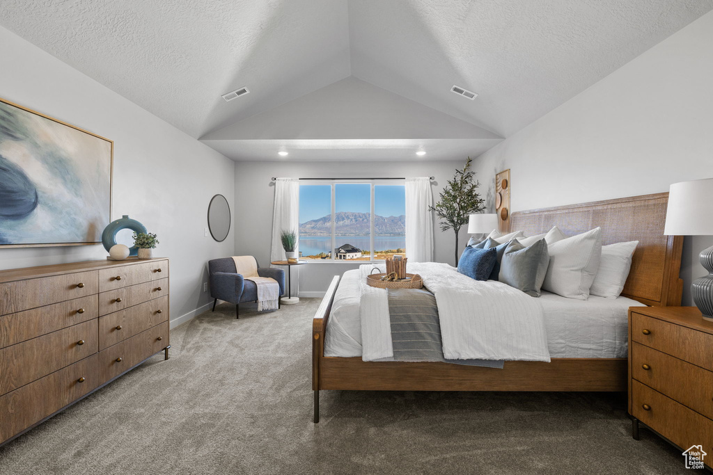 Carpeted bedroom featuring a mountain view, a textured ceiling, and lofted ceiling