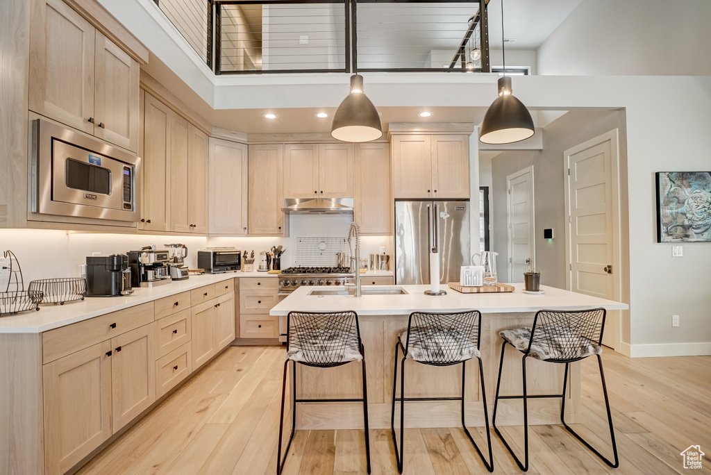 Kitchen with a kitchen island with sink, a kitchen breakfast bar, a high ceiling, light hardwood / wood-style flooring, and stainless steel appliances