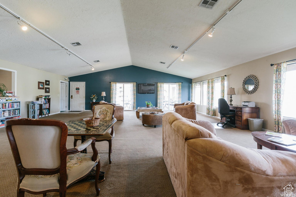 Carpeted living room featuring rail lighting, a textured ceiling, and lofted ceiling