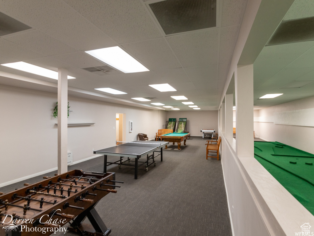 Playroom with a drop ceiling, carpet flooring, and pool table