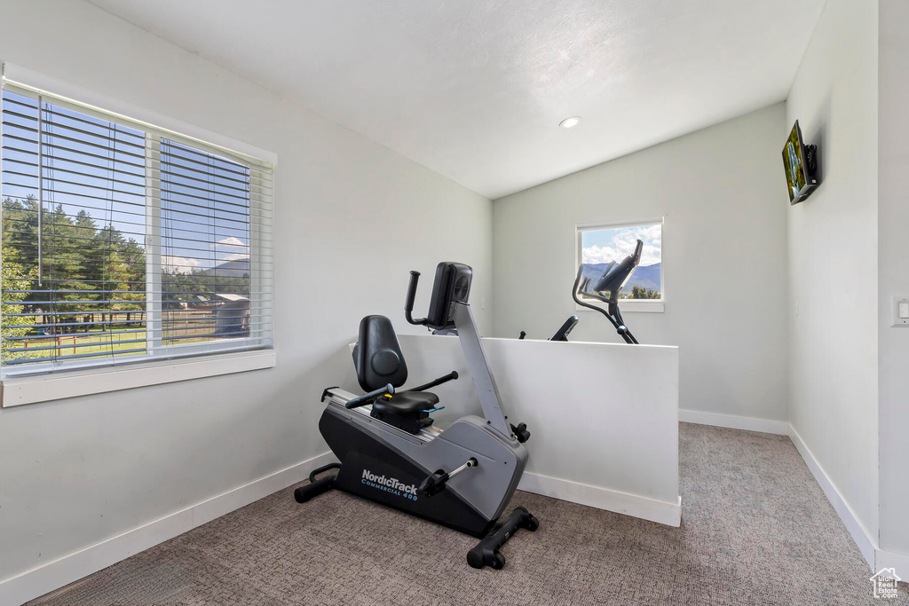 Workout room featuring lofted ceiling and dark colored carpet