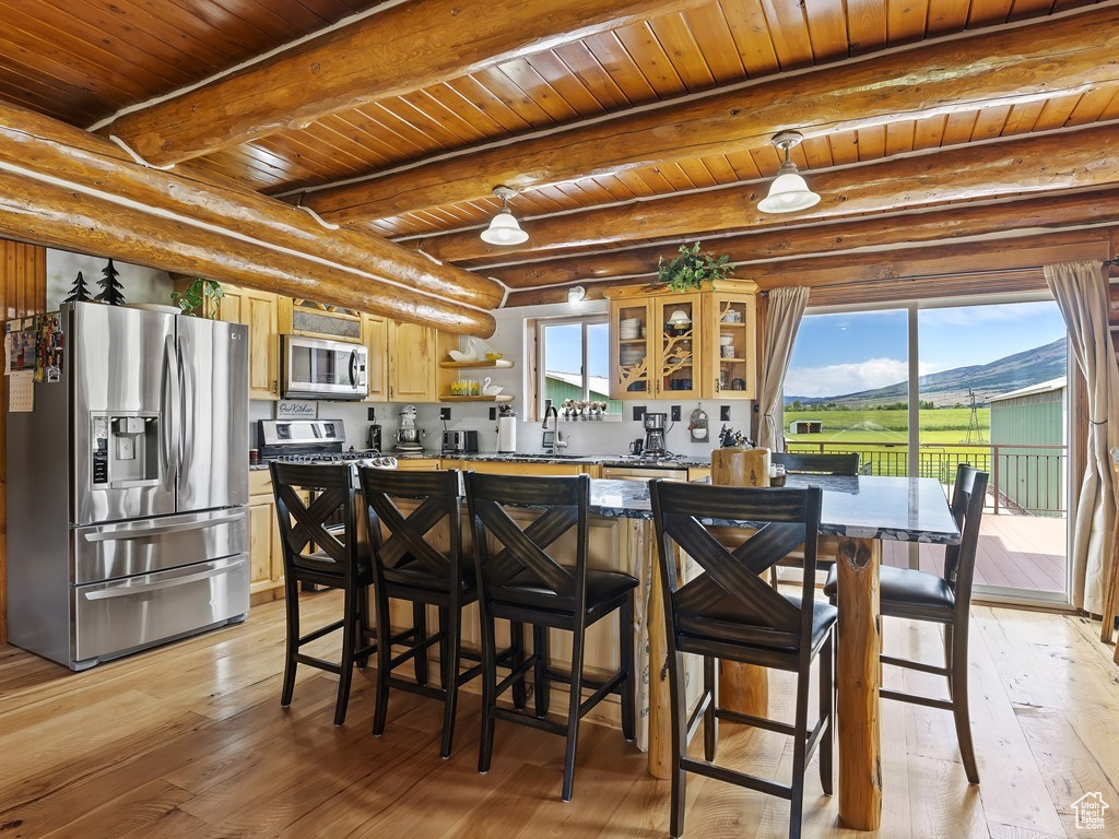 Kitchen with light hardwood / wood-style flooring, beamed ceiling, stainless steel appliances, and wood ceiling