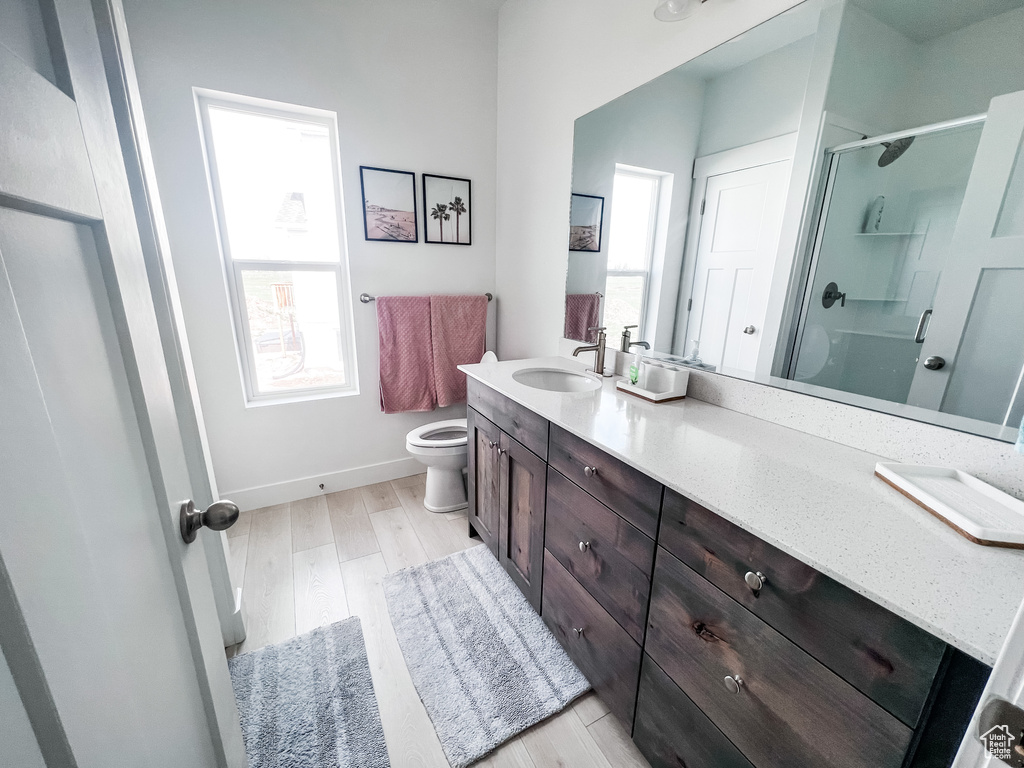 Bathroom with a shower with door, vanity, toilet, and hardwood / wood-style flooring