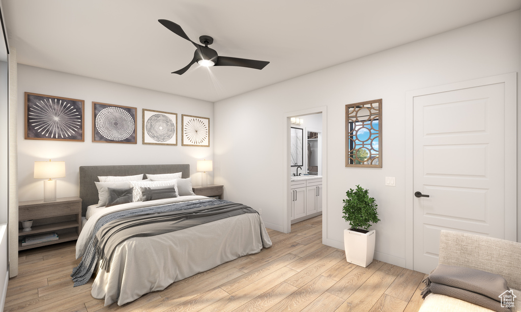 Bedroom featuring light hardwood / wood-style flooring, ensuite bath, and ceiling fan