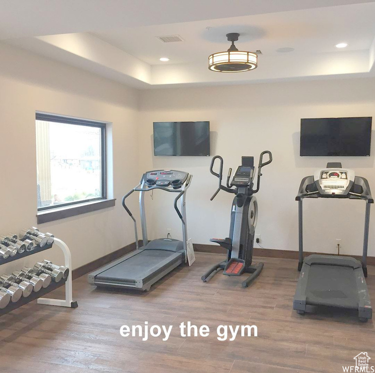 Exercise room with hardwood / wood-style floors and a raised ceiling