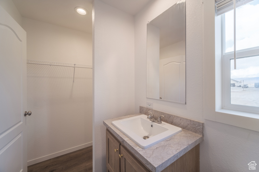 Bathroom featuring hardwood / wood-style floors, vanity, and plenty of natural light