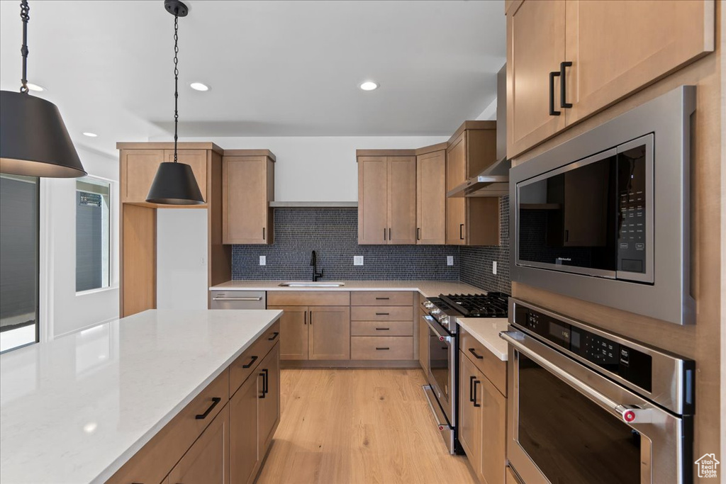 Kitchen with appliances with stainless steel finishes, light hardwood / wood-style flooring, sink, backsplash, and decorative light fixtures