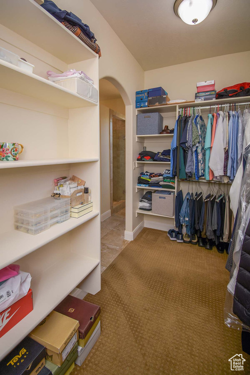 Spacious closet with light colored carpet