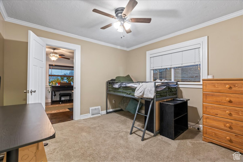 Home office with ornamental molding, carpet, and ceiling fan