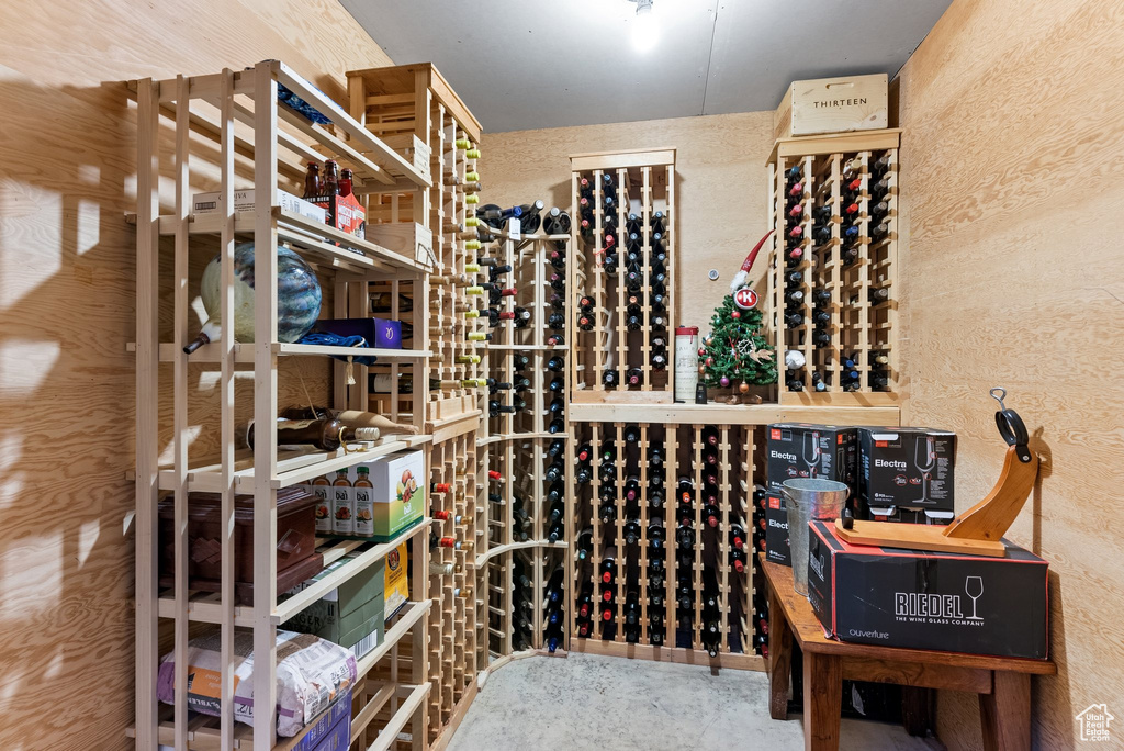 Wine room with concrete flooring