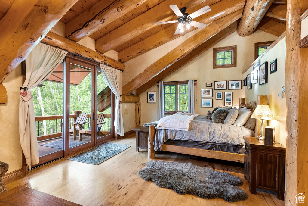 Bedroom featuring access to exterior, wood ceiling, light wood-type flooring, and ceiling fan