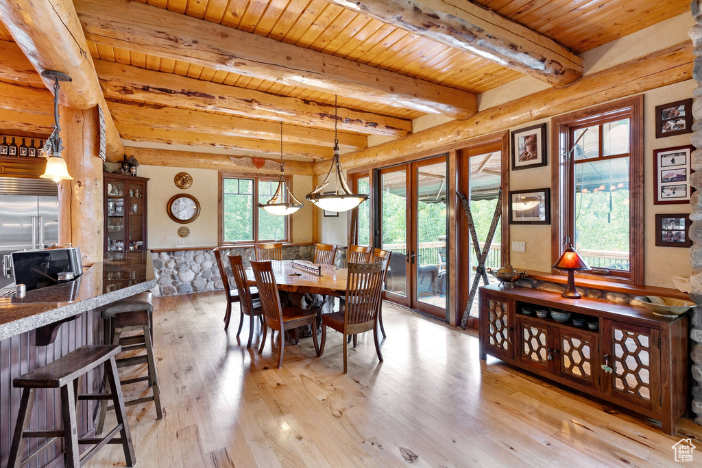 Dining room featuring light wood-type flooring, wood ceiling, and beam ceiling