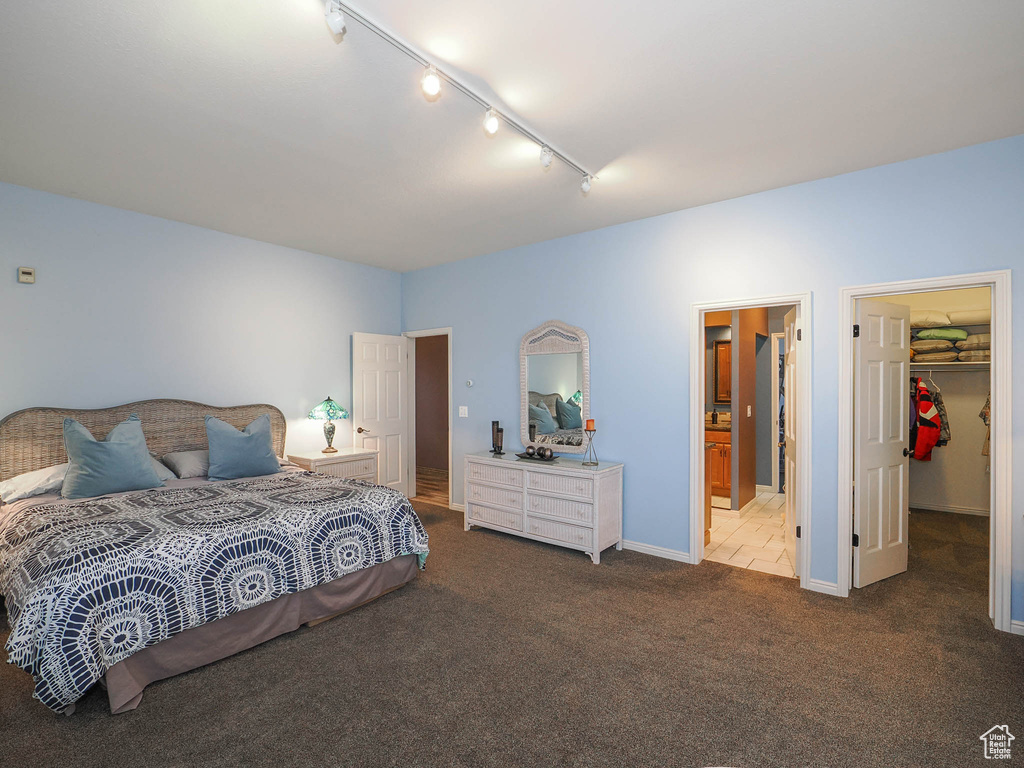 Carpeted bedroom with a closet, ensuite bathroom, a spacious closet, and track lighting