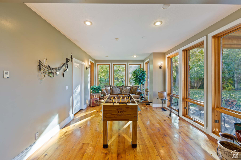 Playroom with a healthy amount of sunlight and light hardwood / wood-style floors