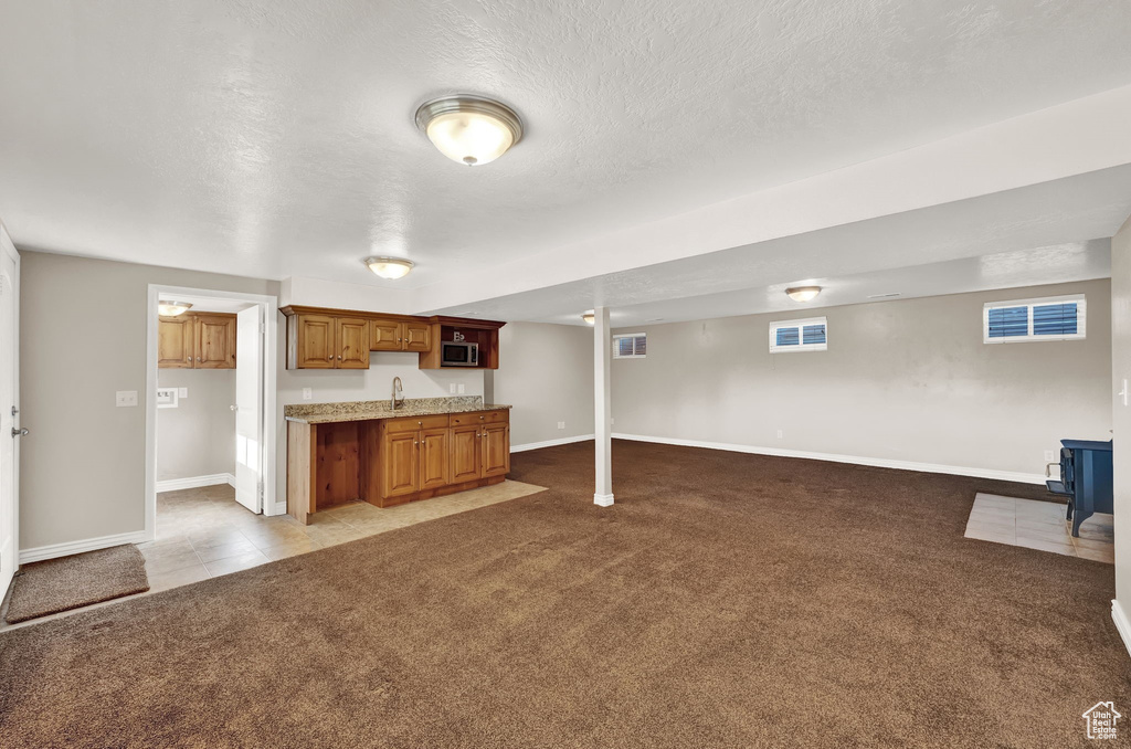 Interior space featuring light colored carpet, sink, a wood stove, and a textured ceiling