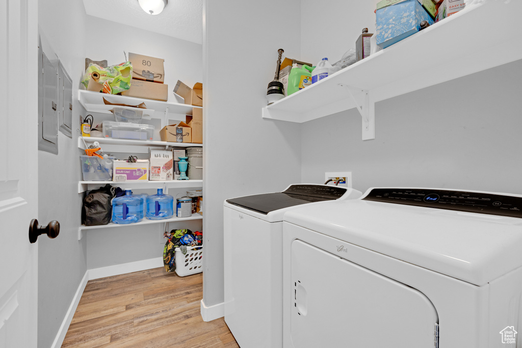 Laundry room featuring independent washer and dryer, light hardwood / wood-style floors, and hookup for a washing machine