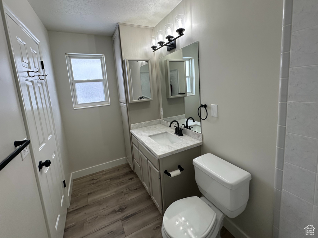Bathroom with a textured ceiling, toilet, large vanity, and hardwood / wood-style flooring