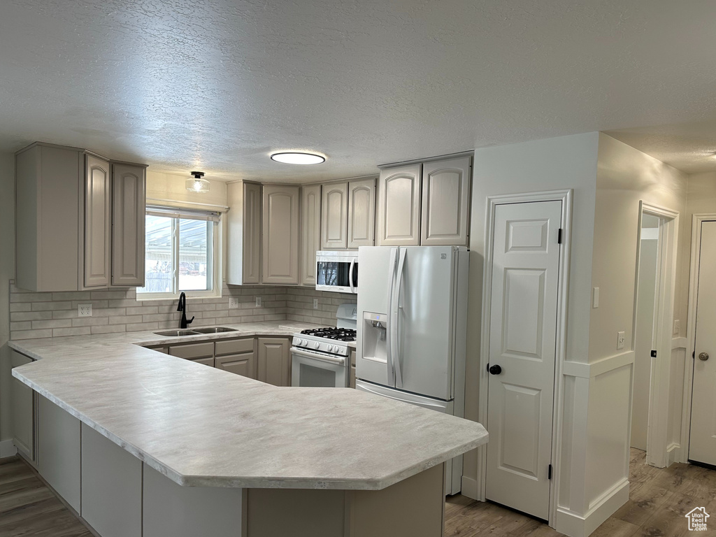 Kitchen featuring kitchen peninsula, appliances with stainless steel finishes, hardwood / wood-style flooring, sink, and tasteful backsplash