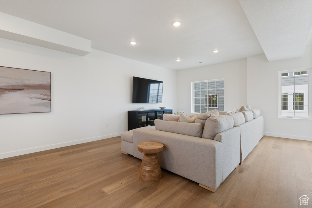 Living room featuring light hardwood / wood-style floors and a healthy amount of sunlight