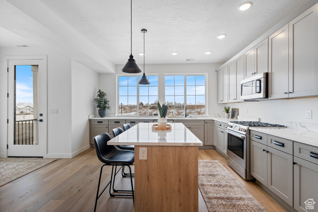Kitchen featuring a kitchen breakfast bar, pendant lighting, stainless steel appliances, light hardwood / wood-style flooring, and a center island
