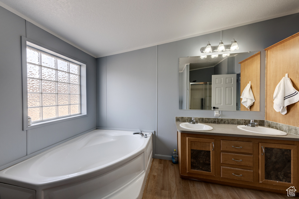 Bathroom with independent shower and bath, double sink vanity, hardwood / wood-style flooring, and plenty of natural light