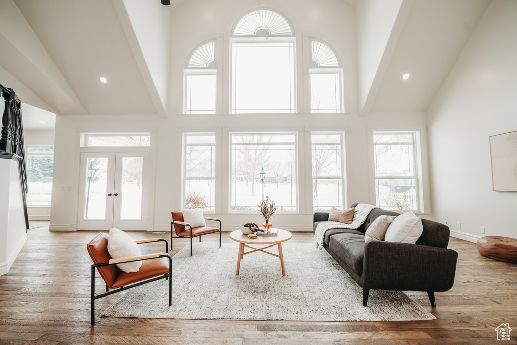 Living room featuring french doors, light wood-type flooring, a wealth of natural light, and high vaulted ceiling