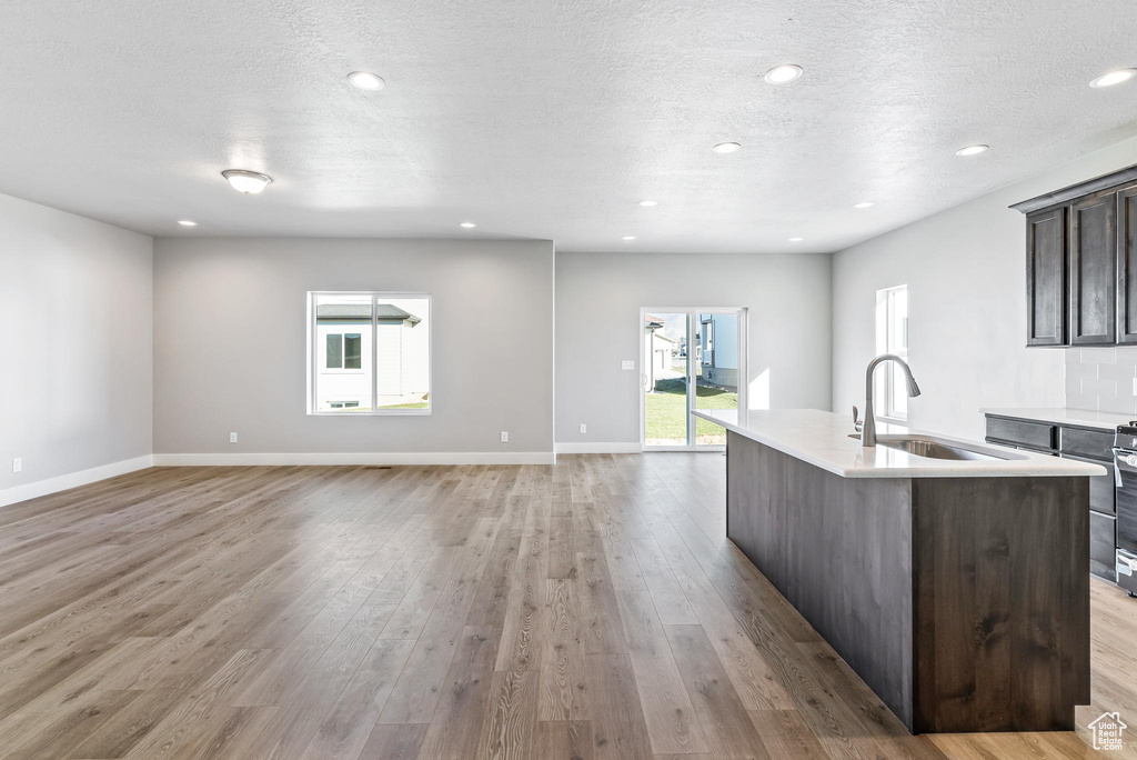 Kitchen featuring light hardwood / wood-style floors, dark brown cabinetry, a textured ceiling, sink, and a kitchen island with sink