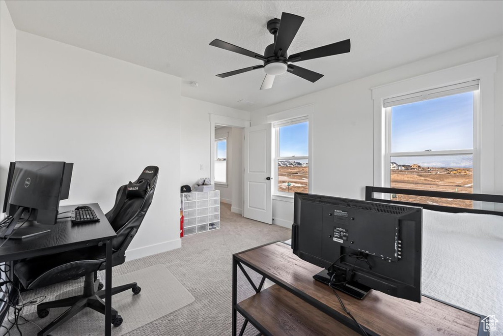 Office area with light colored carpet and ceiling fan