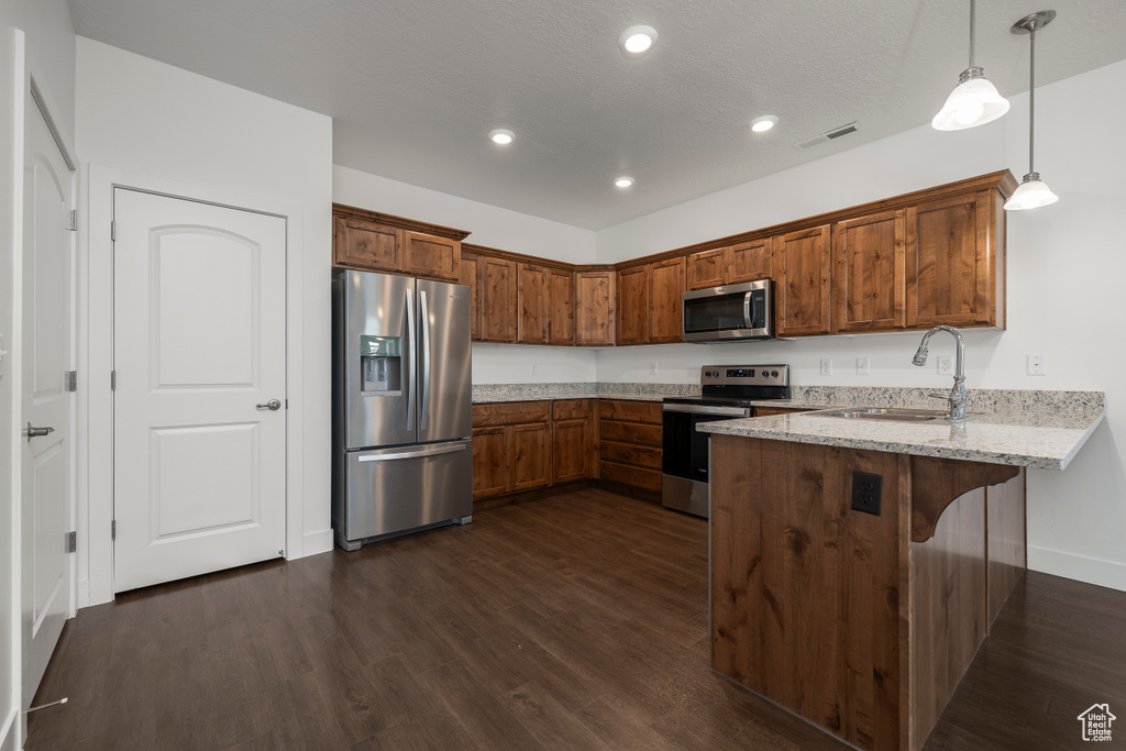 Kitchen with sink, hanging light fixtures, appliances with stainless steel finishes, and dark wood-type flooring