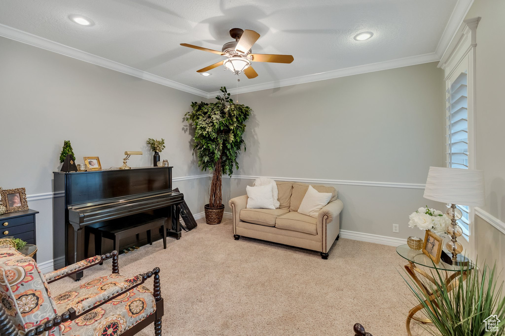 Carpeted living room with crown molding and ceiling fan