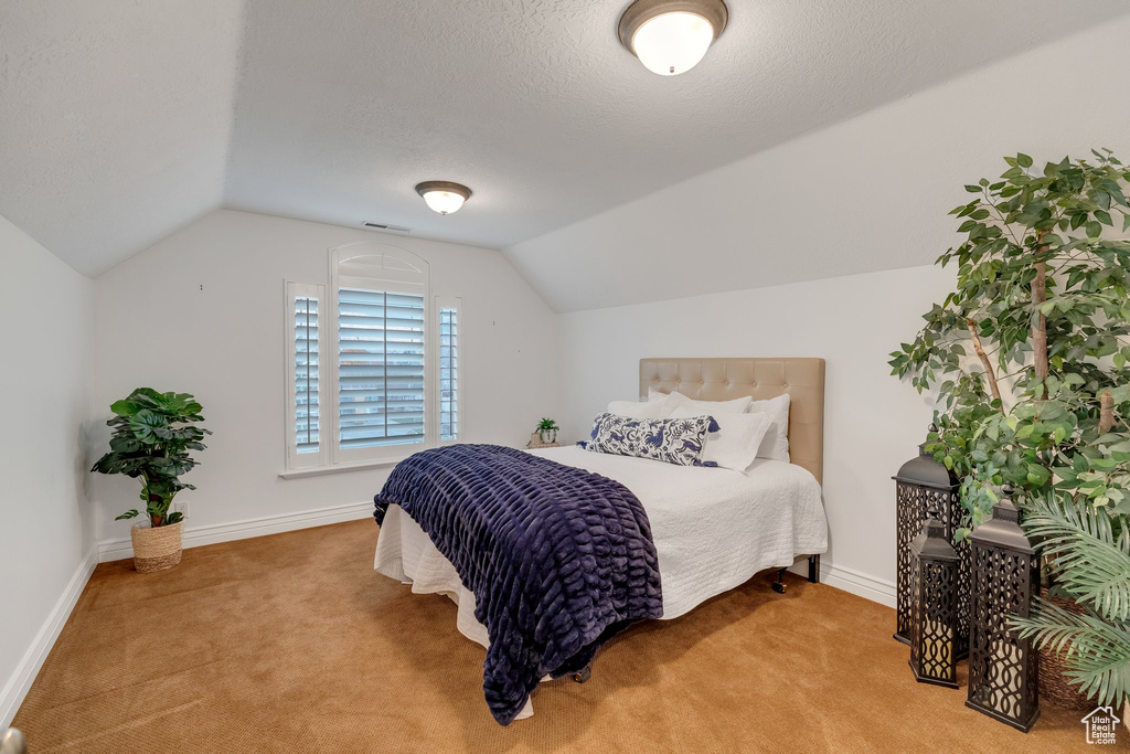 Bedroom featuring light colored carpet, a textured ceiling, and lofted ceiling