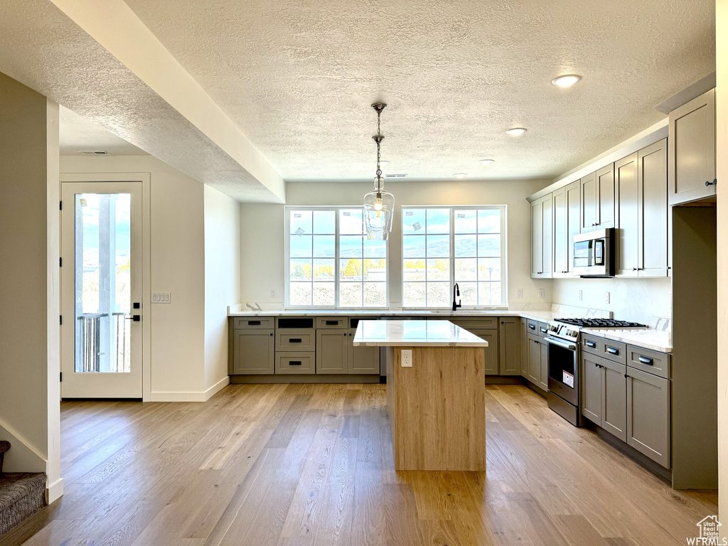 Kitchen featuring stainless steel appliances, light wood-type flooring, a wealth of natural light, and a center island