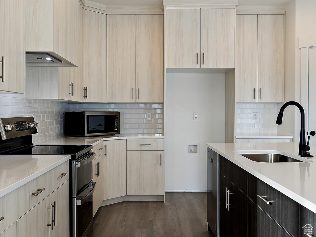 Kitchen featuring sink, dark hardwood / wood-style flooring, appliances with stainless steel finishes, and backsplash